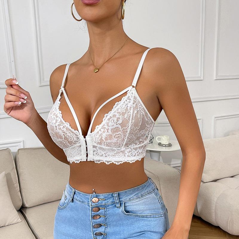 Summer Hot-selling New Spice Girls Sexy Lace Perspective Front Buckle Light and Thin Sex Bra Without Steel Ring Fish Bone