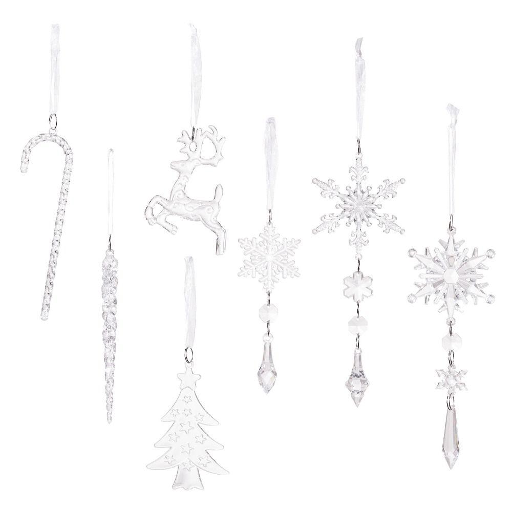 18Pcs Simulation Snowflake Ice Strip Pendants Transparent DIY Christmas Snowflake Icicle Pendants with Ribbons Elegant