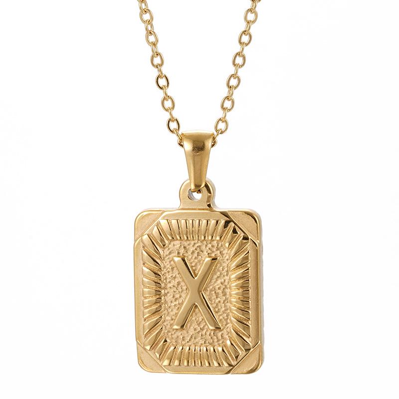 Men's 18K Gold Stainless Steel Square Pendant Necklace with Titanium Steel Uppercase English Letters