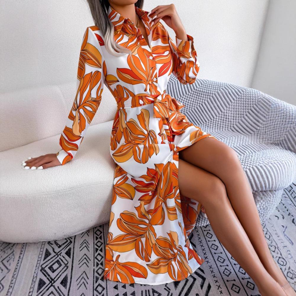 

Spring Summer Floral Lapel Tie Shirt Dresses Long Ladies Casual Dresses S помаранчевий
