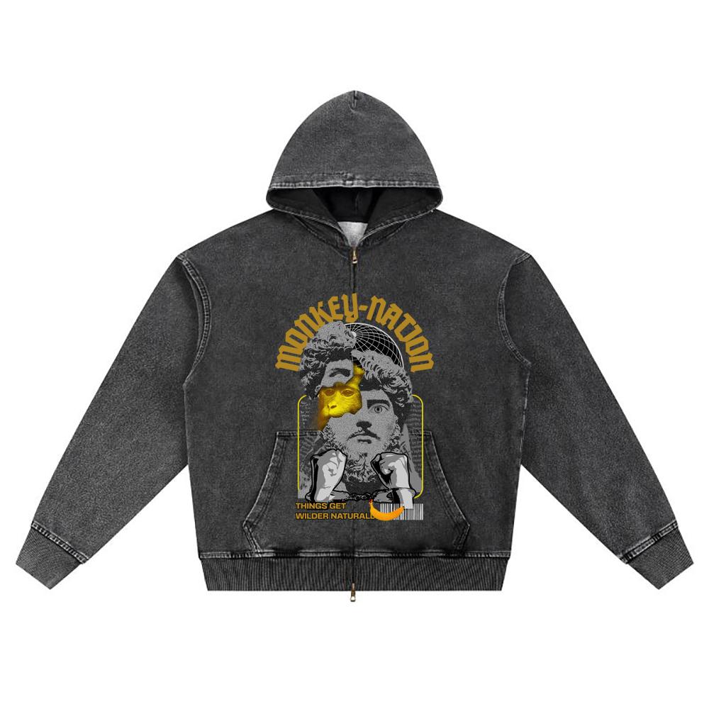 Nadruk DTG Dzianinowa Bluza z Kapturem na Zamek Dżinsowa Monkey Nation Nadruk Brata Bluzy Rozpinane z Kapturem