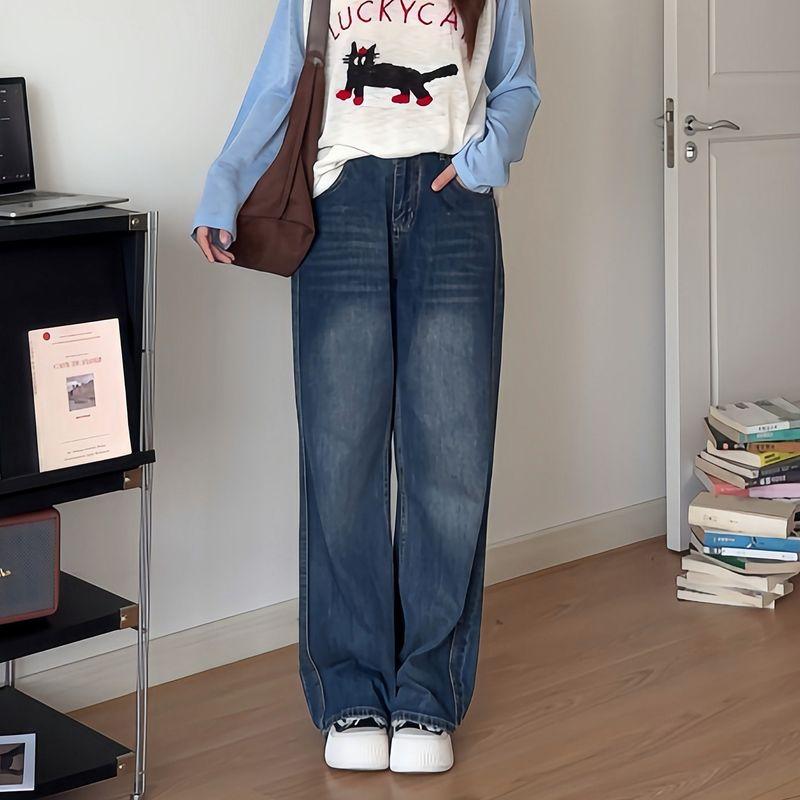 

Slightly Chubby Meow Meow Pear-Shaped Body Flattering Pants Plus Size Fat mm Slimming High-Waisted Super Nice-Looking Jeans 5393 Dark Blue XL