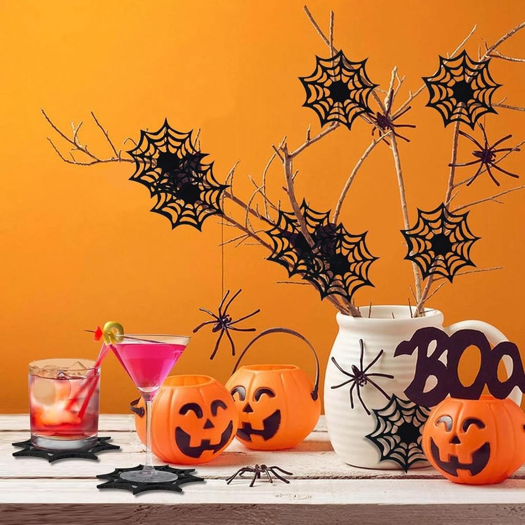 24 Stück Vlies Spinnennetz Untersetzer Halloween Schwarzer Untersetzer Für Halloween Party Heimdekorationen Süßes oder Saures Spielzeug Zubehör