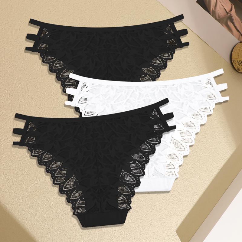 3Pcs Women's Three Belts Underwear Sexy Lace Hollow Out Panties Female Low-Waist Breathable Briefs Stretch Soft Lingerie