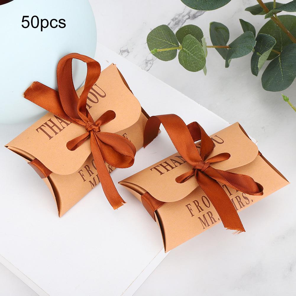 50pcs Kraft Paper Pillow Shaped Wedding Birthday Party Gift Box Portable Exquisite Candy Box