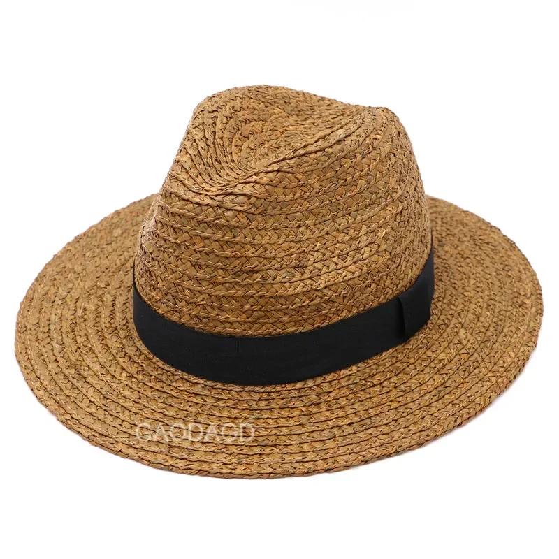 

Large Size Natural Raffia Jazz Straw Hat for Men Women Wide Brim Summer Sun Hat UPF50+ Travel Panama Beach Hat Vintage 57-63cm 57cm коричневый