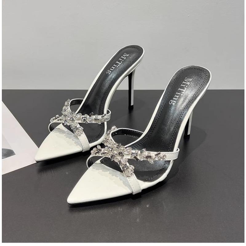 Pointed open-toed rhinestone slippers women's summer new cross-strap one-word drag versatile high-heeled sandals women