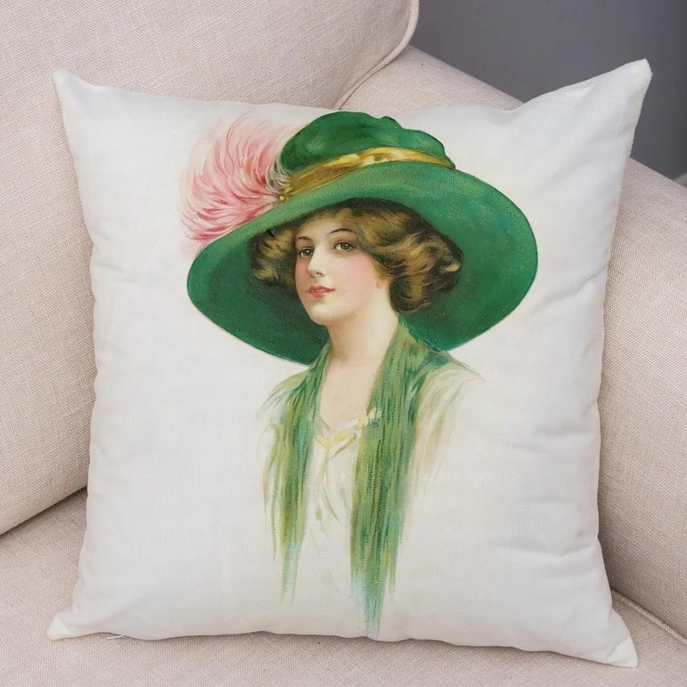 European Lady Cushion Cover Decor Vintage Style Elegant Women Print Pillowcase for Sofa Home Car Soft Plush Pillow Case 45x45cm