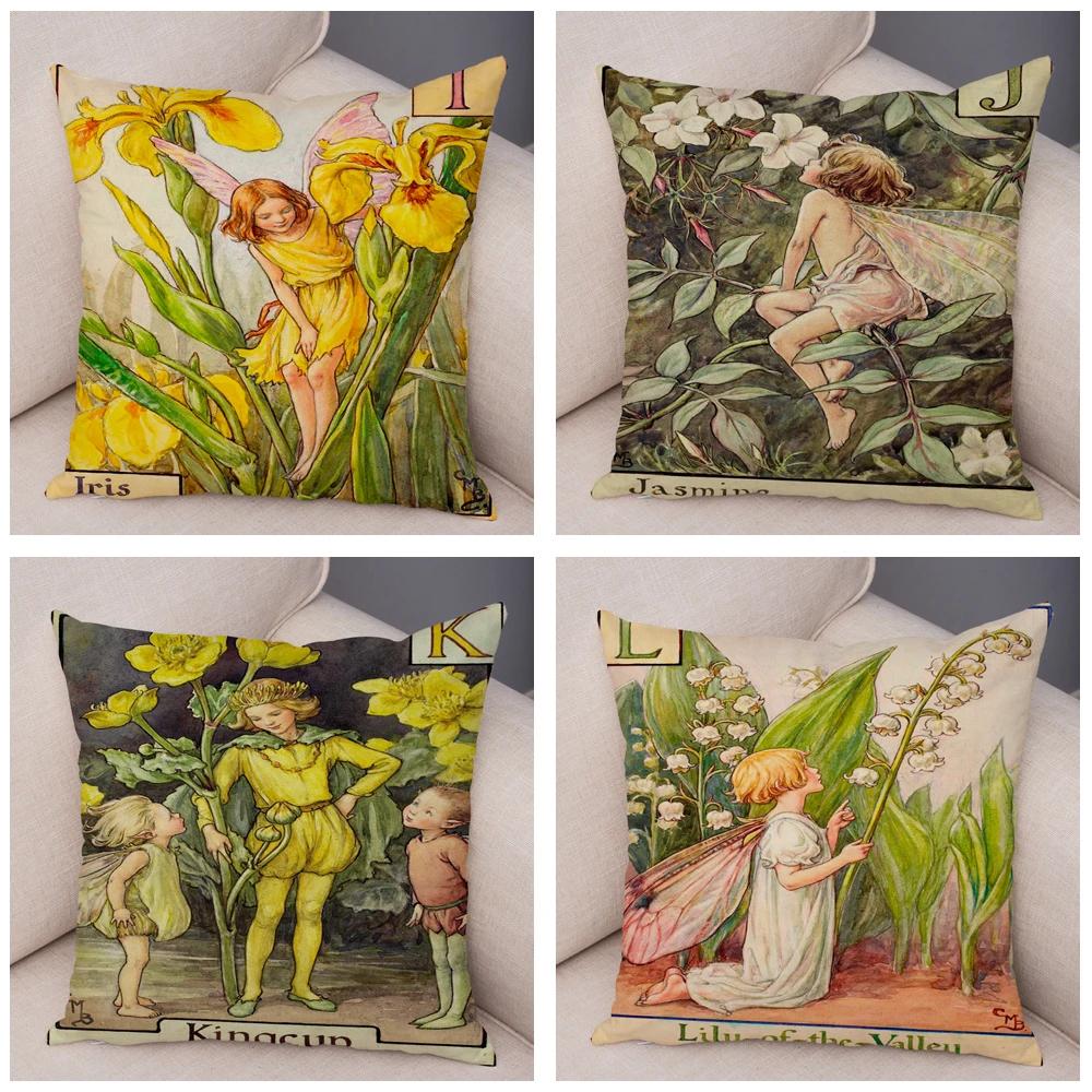 Vintage Floral Girl Pillowcase Decor Cute Cartoon Flower Elf Fairy Tale for Sofa Home Pillow Case Soft Plush Cushion Cover