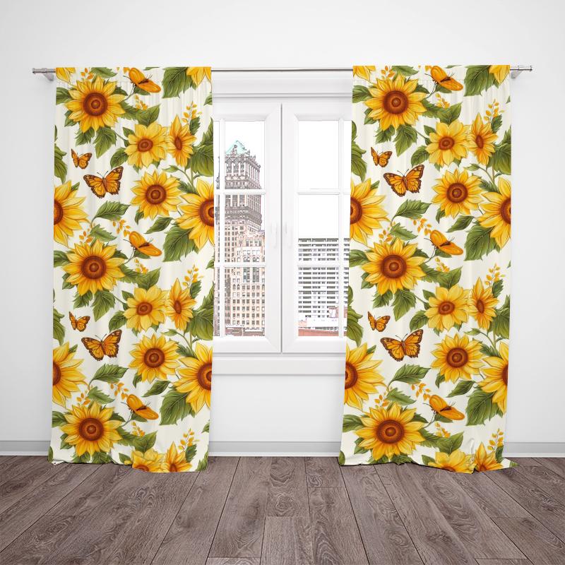Set Of 2 Yellow Sunflower Butterfly Print Filter Curtain Digital Printing Suitable Living Room Bedroom Home Decoration For Area Made Polyester