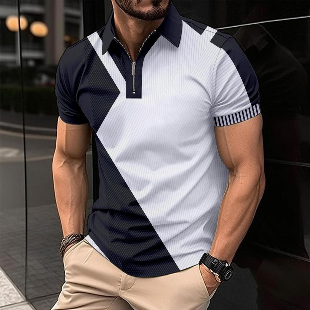 New Men's Lapel Fashion Slim Colour Blocking Men's T-shirt POLO Shirt Tops