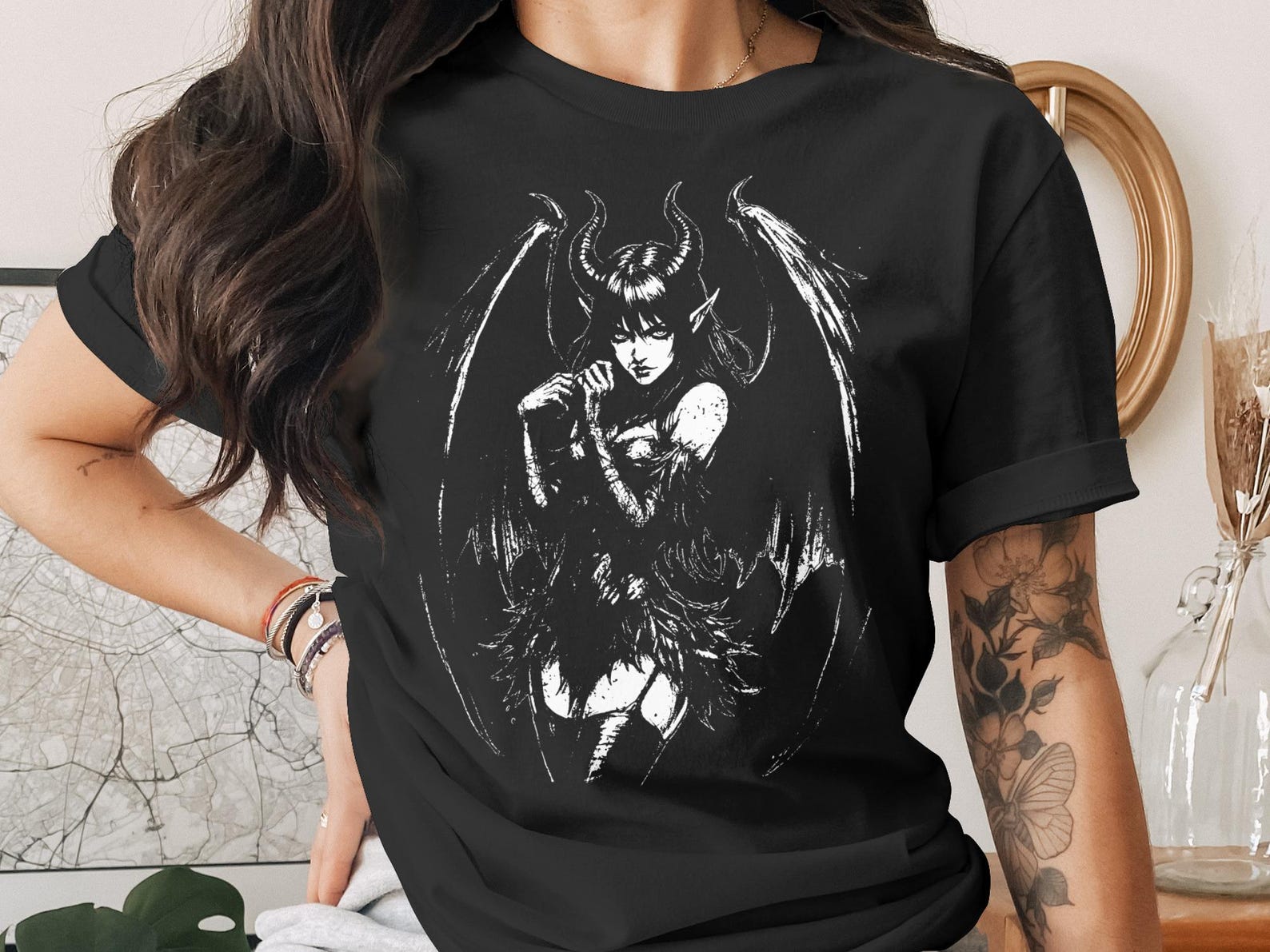 Gothic Succubus Demon Girl T-Shirt, Dark Fantasy Witchy Alt Clothing, Edgy Goth Girl Top, Occult Core Aesthetic Tee, Horned Devil Woman Gift 2XL