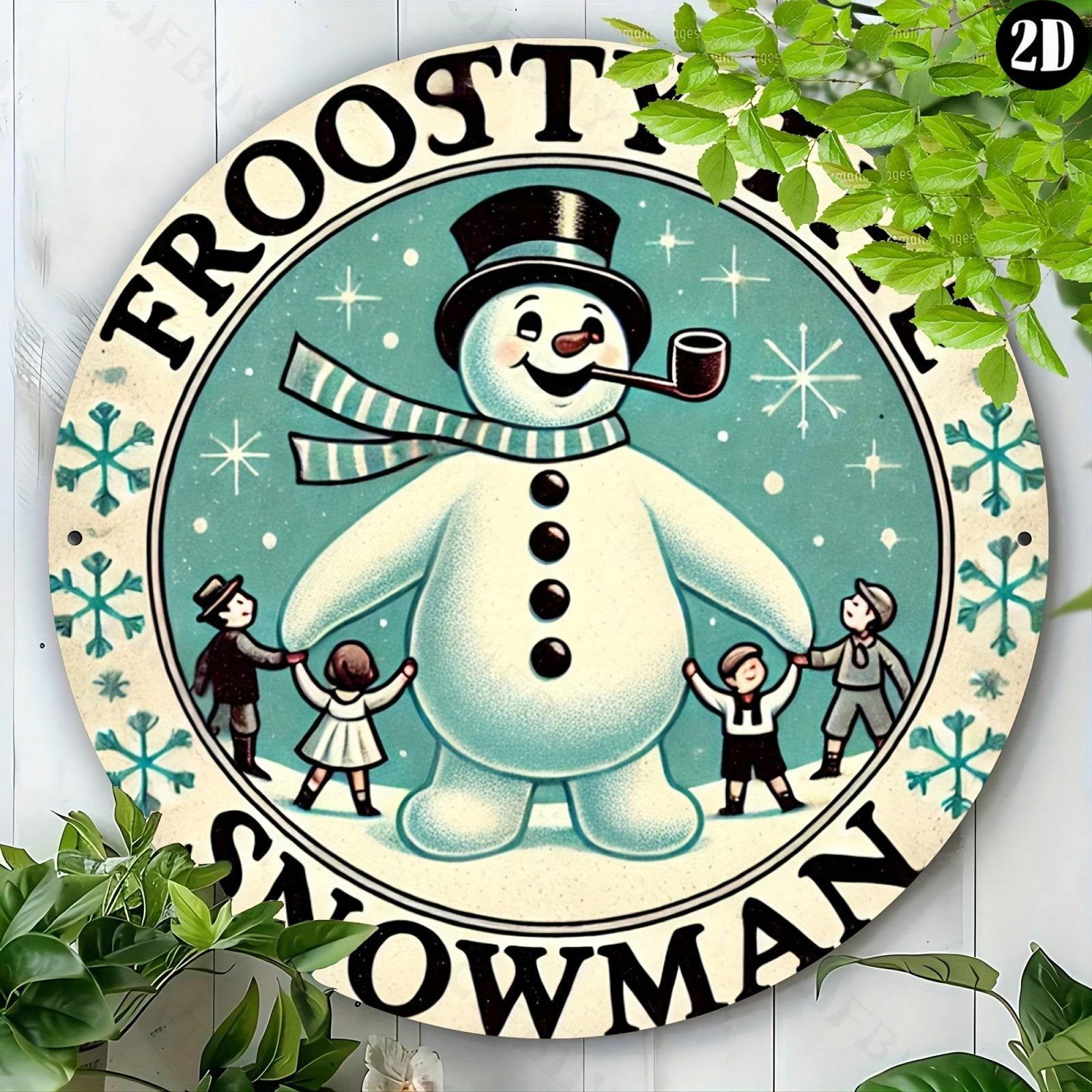 Hisun Tin Sign Vintage Frosty The Snowman Metal Tin Sign Retro Christmas Snowman with Kids and Snowflakes Round Wall Art Decor Classic Winter 20x20cm