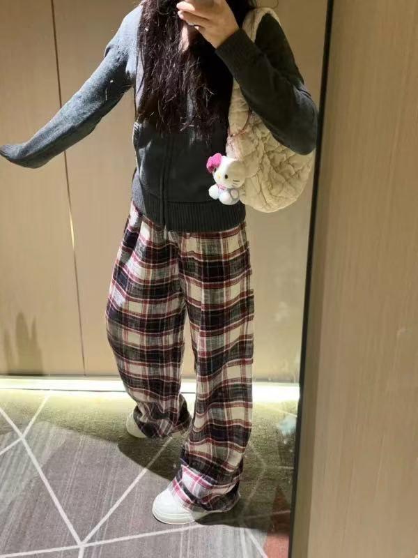 Women's Plaid Wide-Leg Retro Pants - Tall, Floor-Length Casual for Spring & Autumn