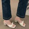 Fashion Slippers Women Summer Shoes Slides Butterfly-Knot Square heel Pantofle Block Soft 2025 Butterfly-knot Scandals  Shoes Women Slip