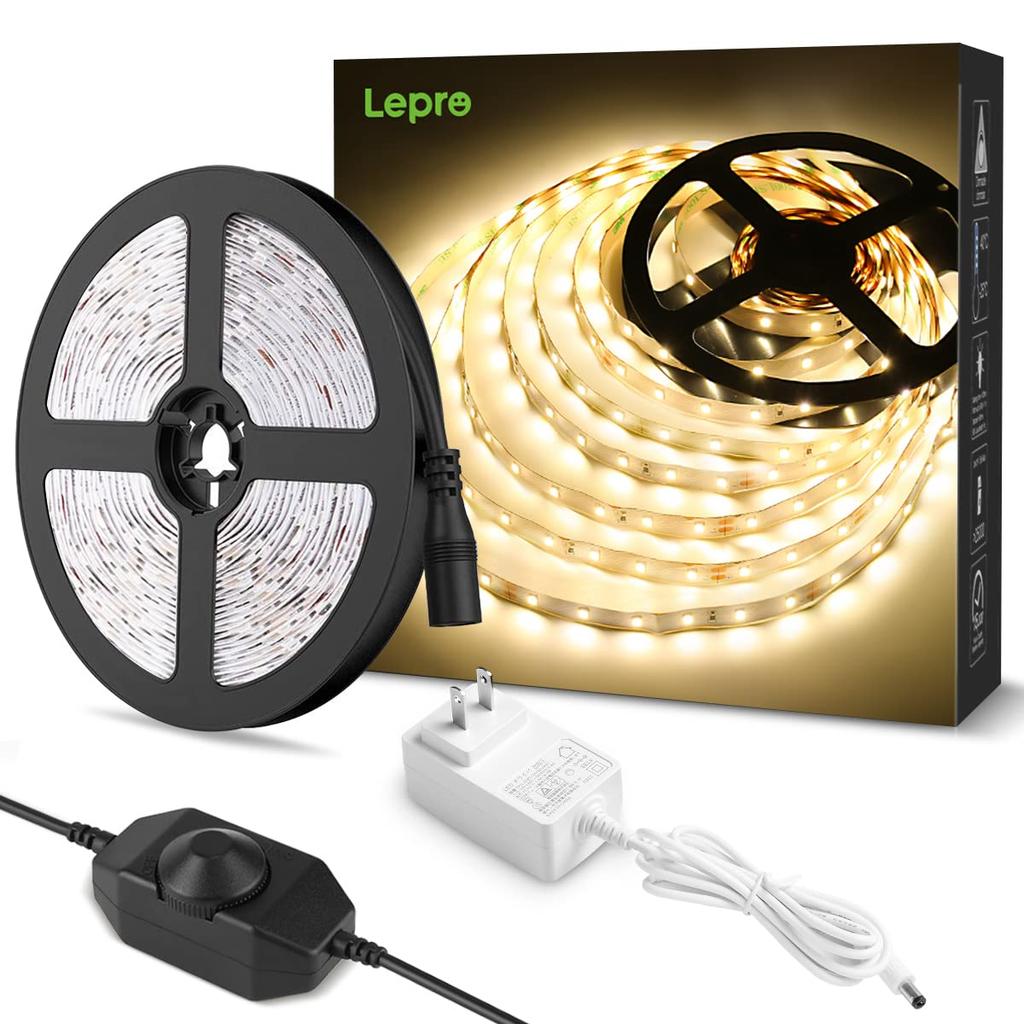 Lepro LED Strip Light, Warm White, Stepless Dimming, Ambient Lighting, 5m, 12V, High Color Rendering, Cuttable, 2835SMD, 300 LEDs, High Brightness,