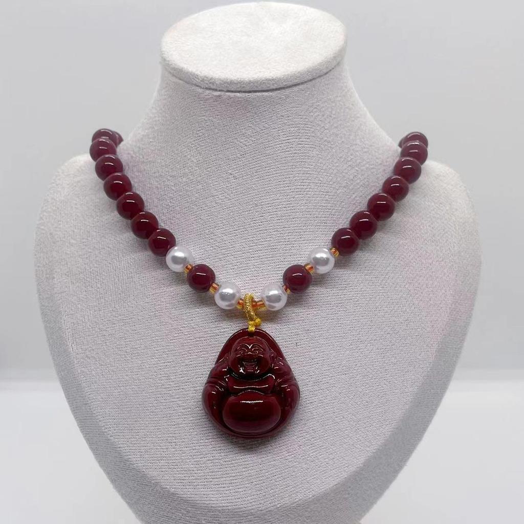 Imitation Cinnabar Guanyin Buddha Pearl Necklace - Unisex Fashion Jewelry for Couples