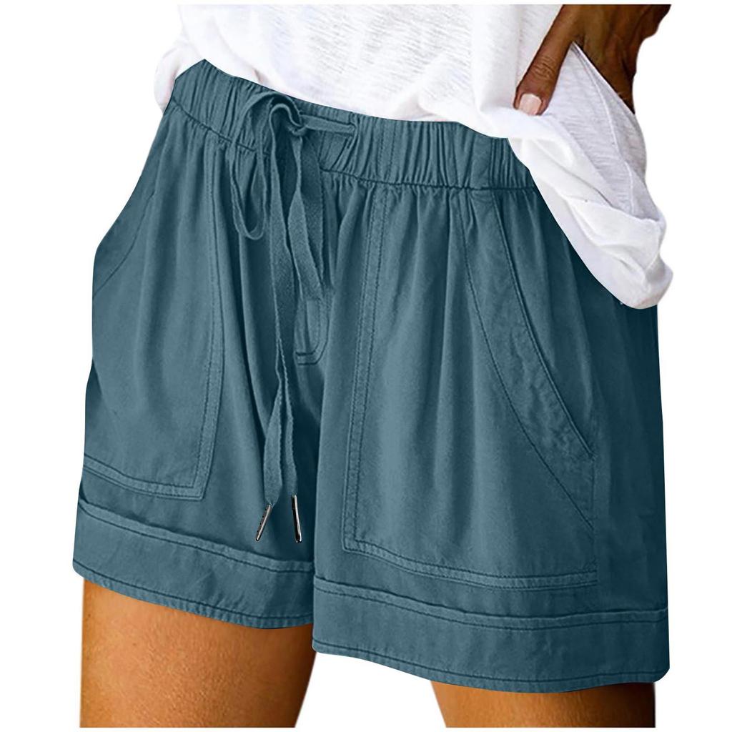 Women's Fashion Solid Color Drawstring Strap Pocket Casual Shorts