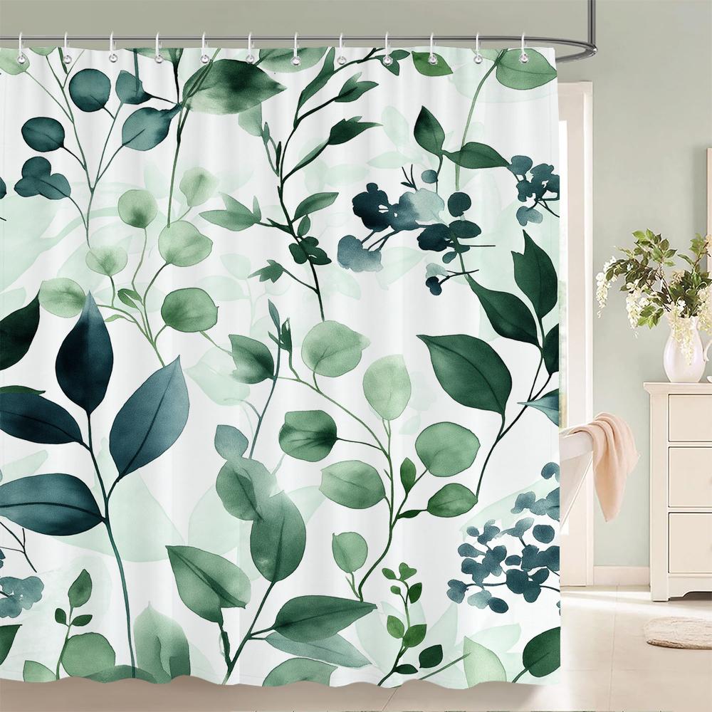 Fresh Green Leaves and Plants Pattern Shower Curtain Printed Leaves Bathroom Bath Curtain Home Decoration Curtain With Hooks
