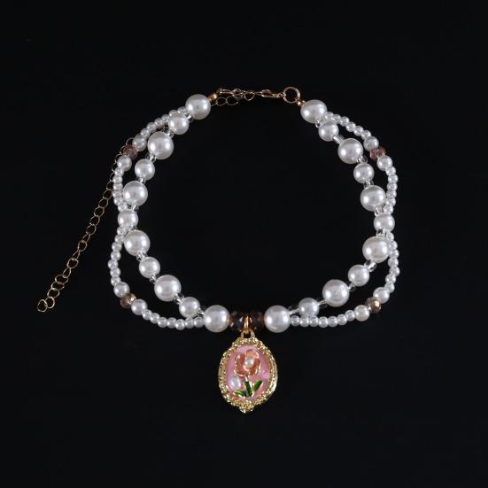 Faux Pearl Pet Collar for Dogs Cats Double-layer Beaded Necklace with Enamel Pendant for Pet Dress-up Jewelry Accessories