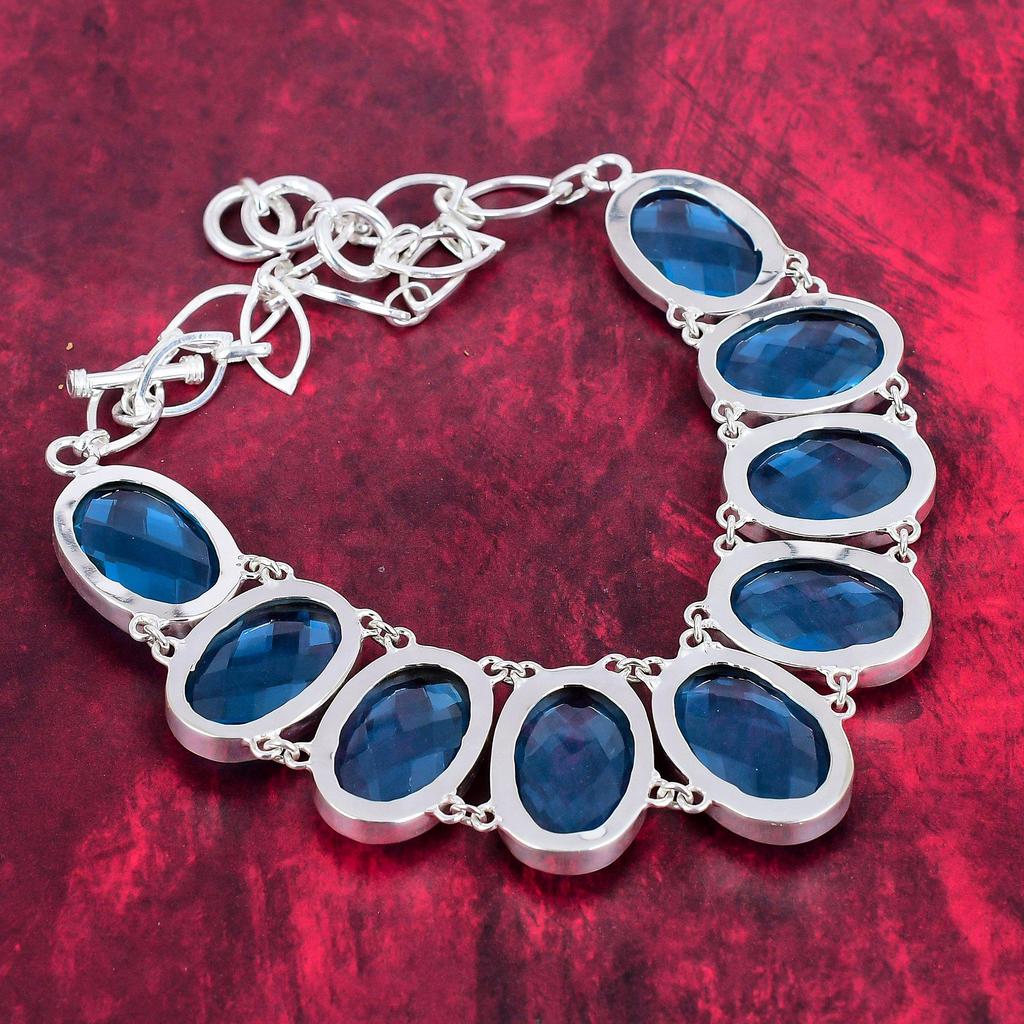 Colier lucrat manual cu piatră prețioasă cu topaz albastru fațetat, colier cu lanț reglabil din argint solid 925 Bijuterii frumoase pentru cadou