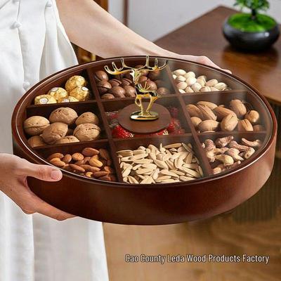 Round Solid Wood Rotating Snack Box with Lid - Nine-Grid Compartment for Nuts and Dried Fruits