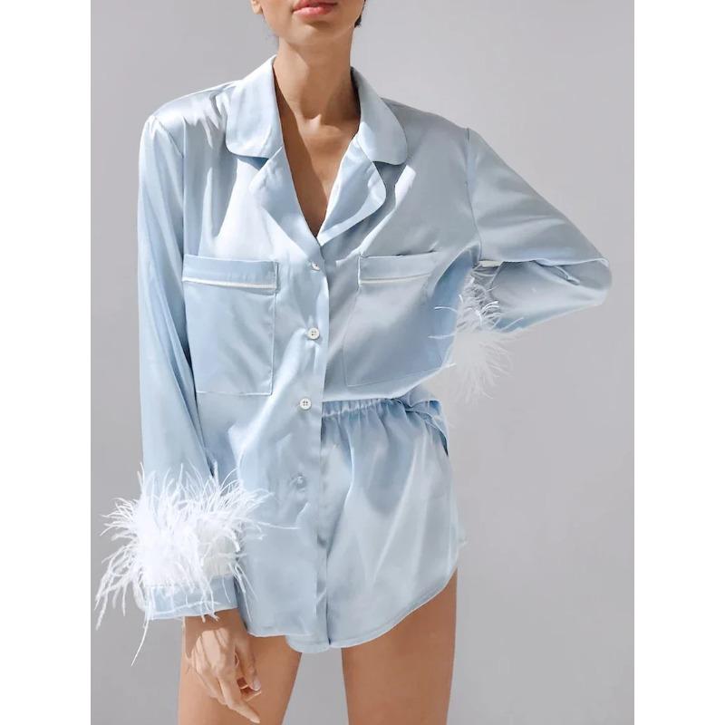 

Пижама с перьями, женский комплект из 2 предметов, одежда для сна с длинными рукавами, шелковый хлопок, легкая роскошная пижама из страусиной шерсти, осенний шикарный ночной костюм S синий