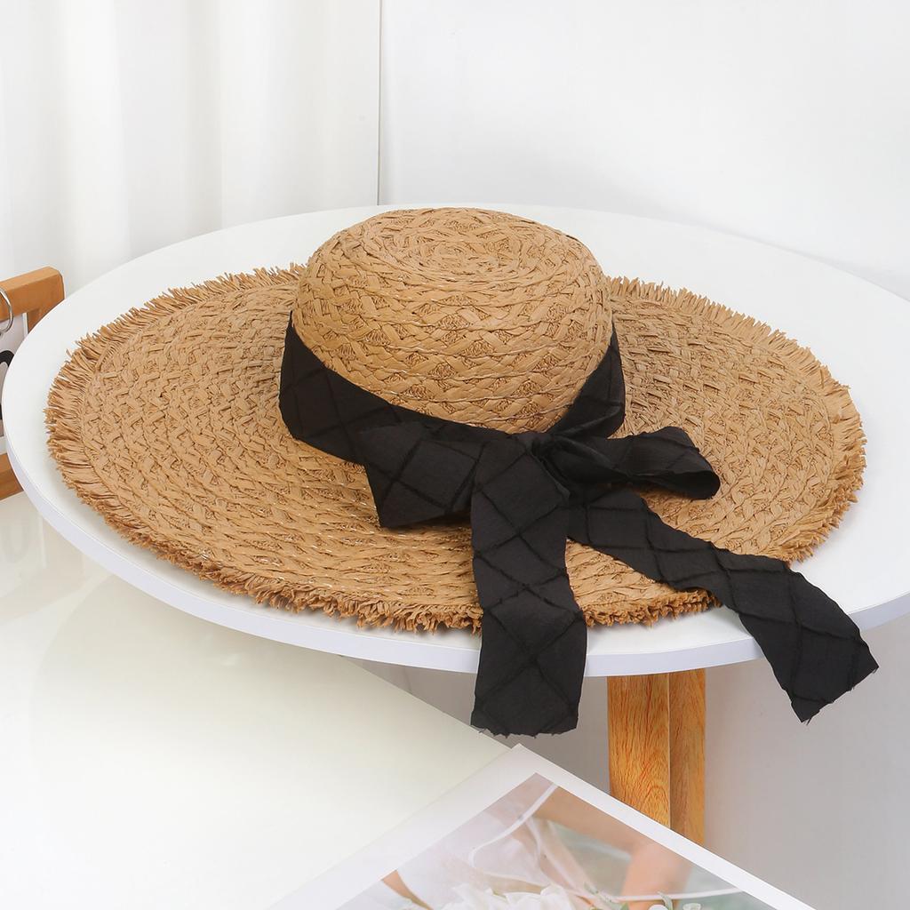 Lace Bow Straw Hat Women's Summer French Large Brim Sunscreen Hat Seaside Beach Vacation Sun Hat
