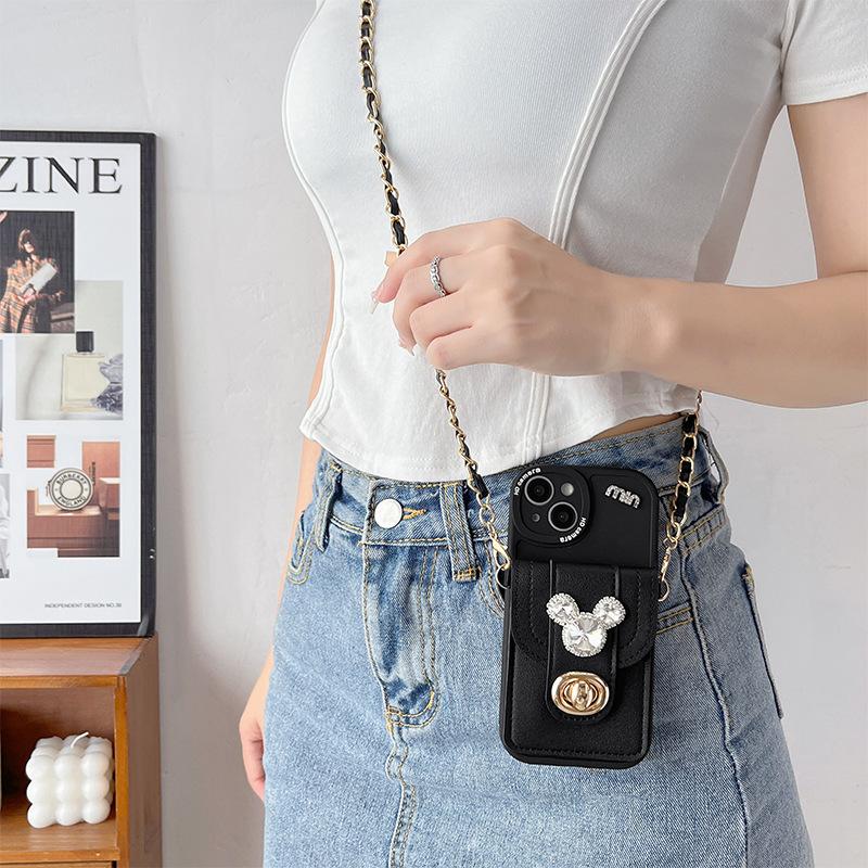 Rhinestone Mickey Mouse Lock Wallet Mobile Phone Case For Iphone17Promax Crossbody Rope Apple 15 Silicone 16