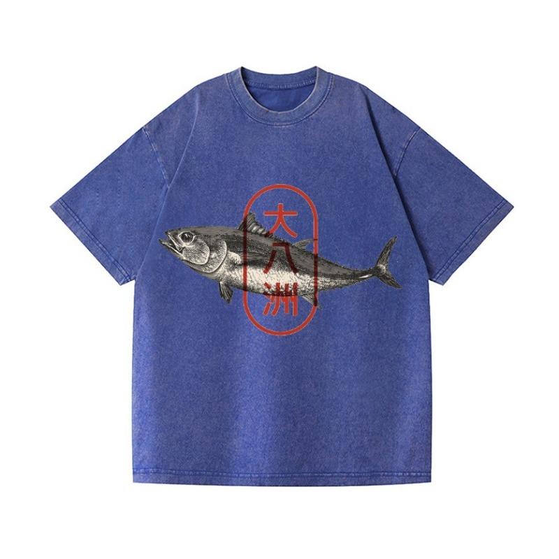 Summer Fashion 100% Cotton Washed Acid T-shirts  Great Eight Islands of Japan Tuna Fish Vintage Wash Japanese Design Tees