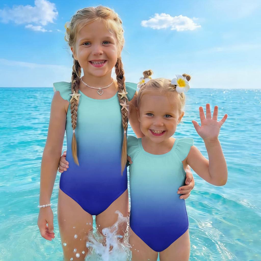 Girls One Piece Swimsuit Gradient Print Sleeveless Ruffle Shoulder Swimwear Summer Beachwear Kids Bathing Suit