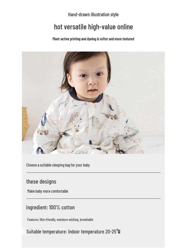 Class A Baby Sleep Sack: Lightweight Cotton, Spring/Autumn, Split-Leg, Detachable Sleeves, Anti-Kick, One-Piece Pajamas