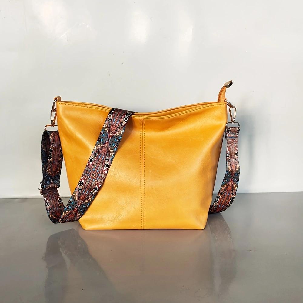 Fashionable wide shoulder strap shoulder bag, retro PU leather women's crossbody bag, casual bucket bag