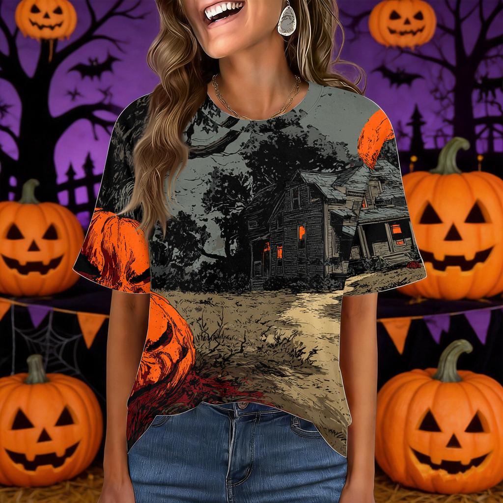 Women's Casual Short Sleeve Pullover Top Halloween Print Round Neck Pocket Design Loose Fit Comfortable T Shirt for Everyday Wear