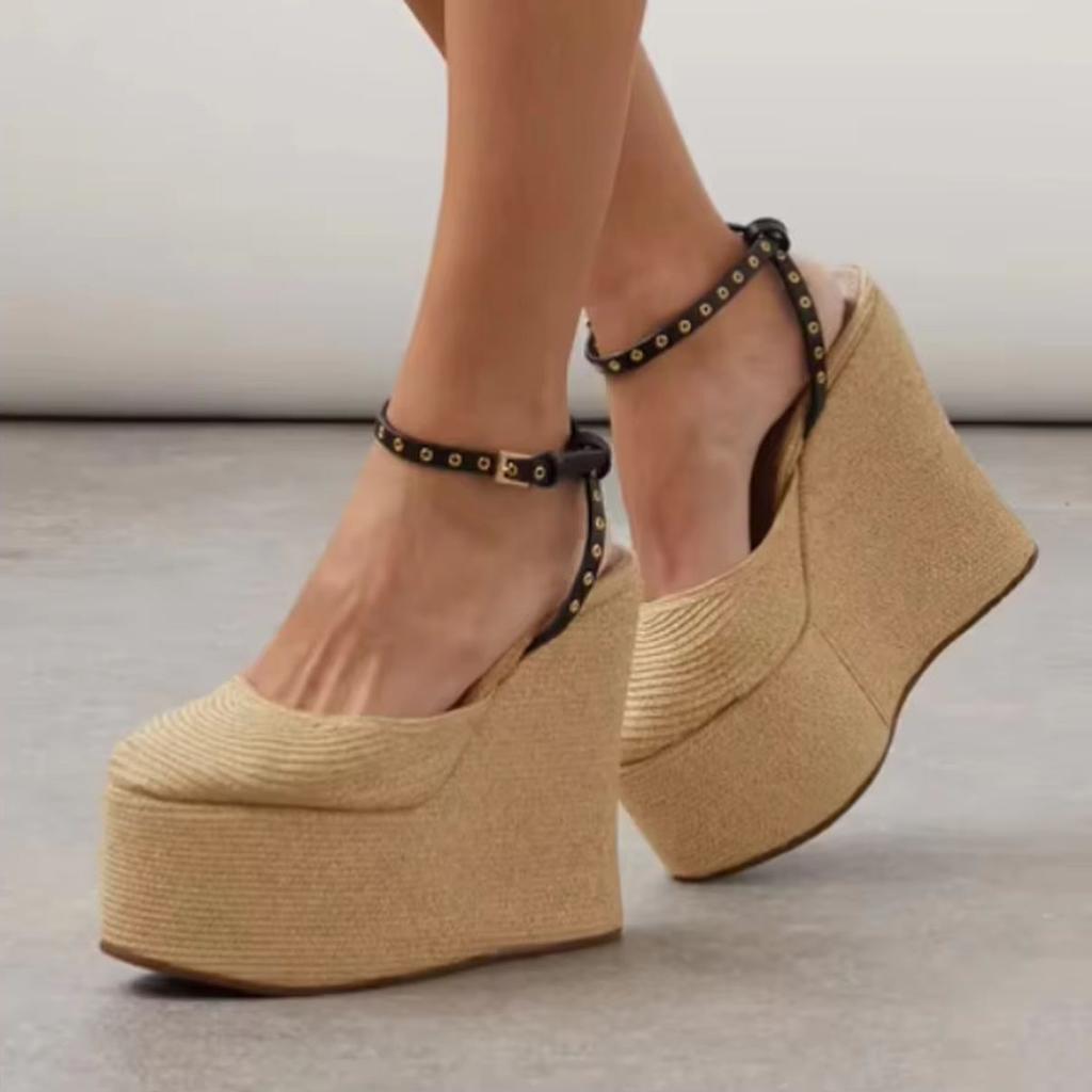 Shallow Ankle Strap Super High Heel Wedges Sandals Grass Woven Platform Women Summer Sandals 2025 New Linen Round Toe Sandals