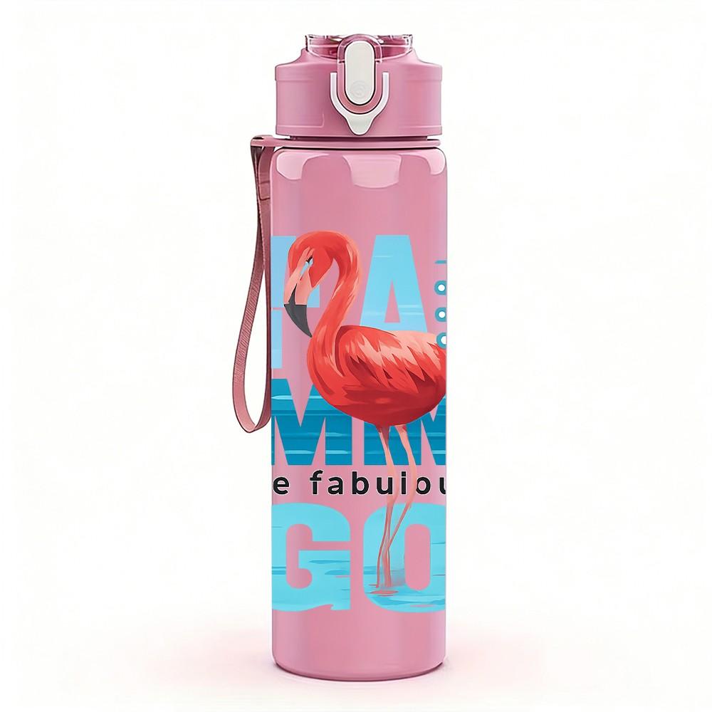 1PC Pink Flamingo HA HA Letter Print 750ml Color Plastic Sports Water Bottle Leakproof Flip Straw Lid Suitable for Sports Office Home Use