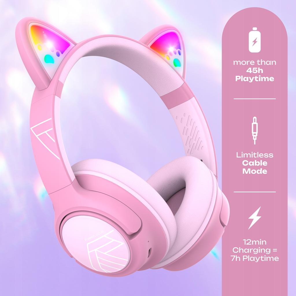 PowerLocus Bobo CAT Wireless LED AUX Headphones for Kids
