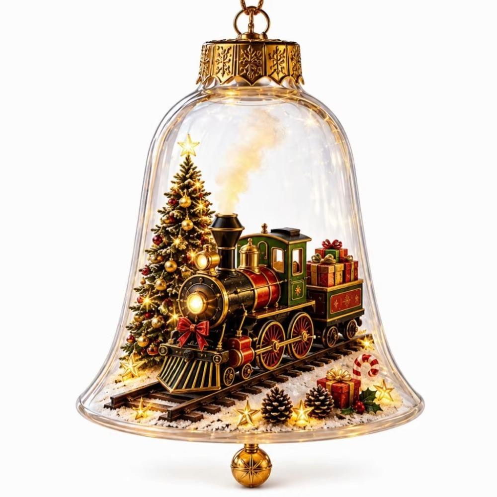 Transparent Lighted Christmas Bell Ornament Acrylic Cartoon Style Clear Christmas Bauble Ornament LED Lighted Plastic