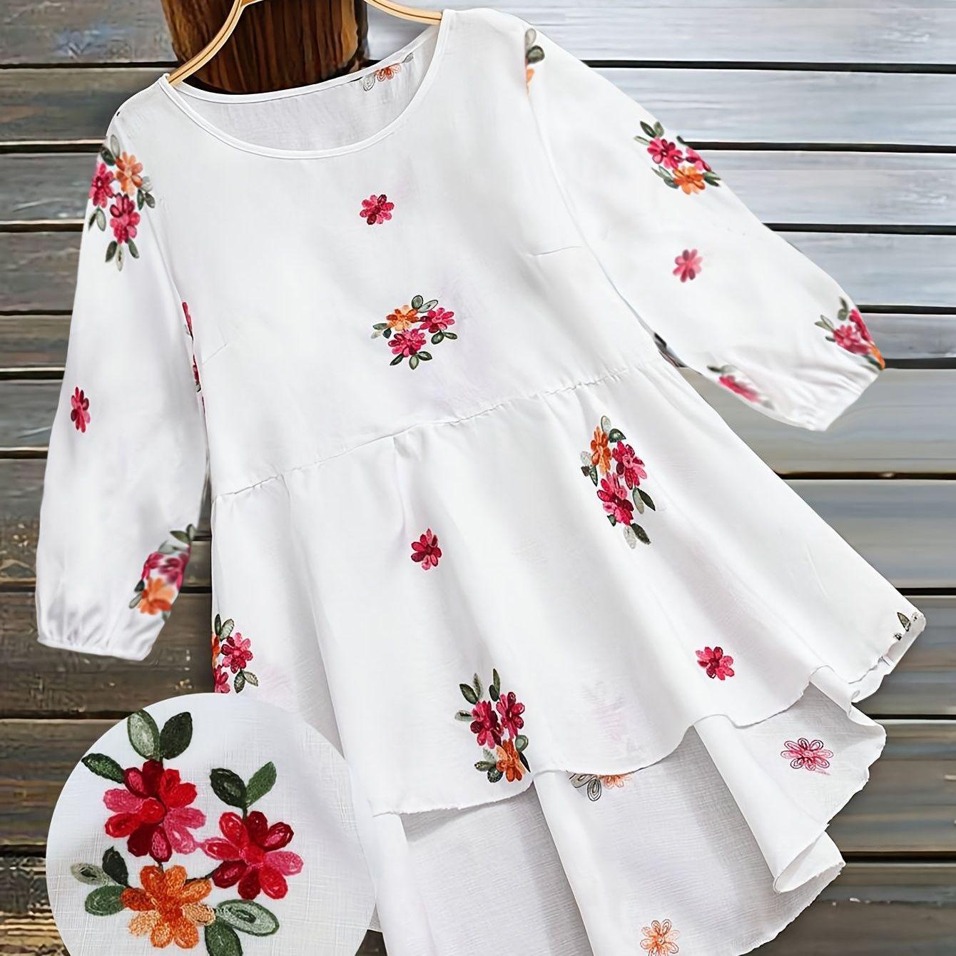 Plus Size Women s Floral Embroidered Mid-Sleeve Casual Top 0XL