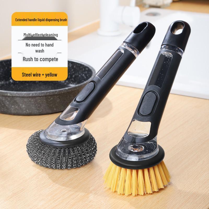 Long Handle Dishwashing Brush with Automatic Liquid Dispensing, Sponge, and Steel Wire for Pot Cleaning