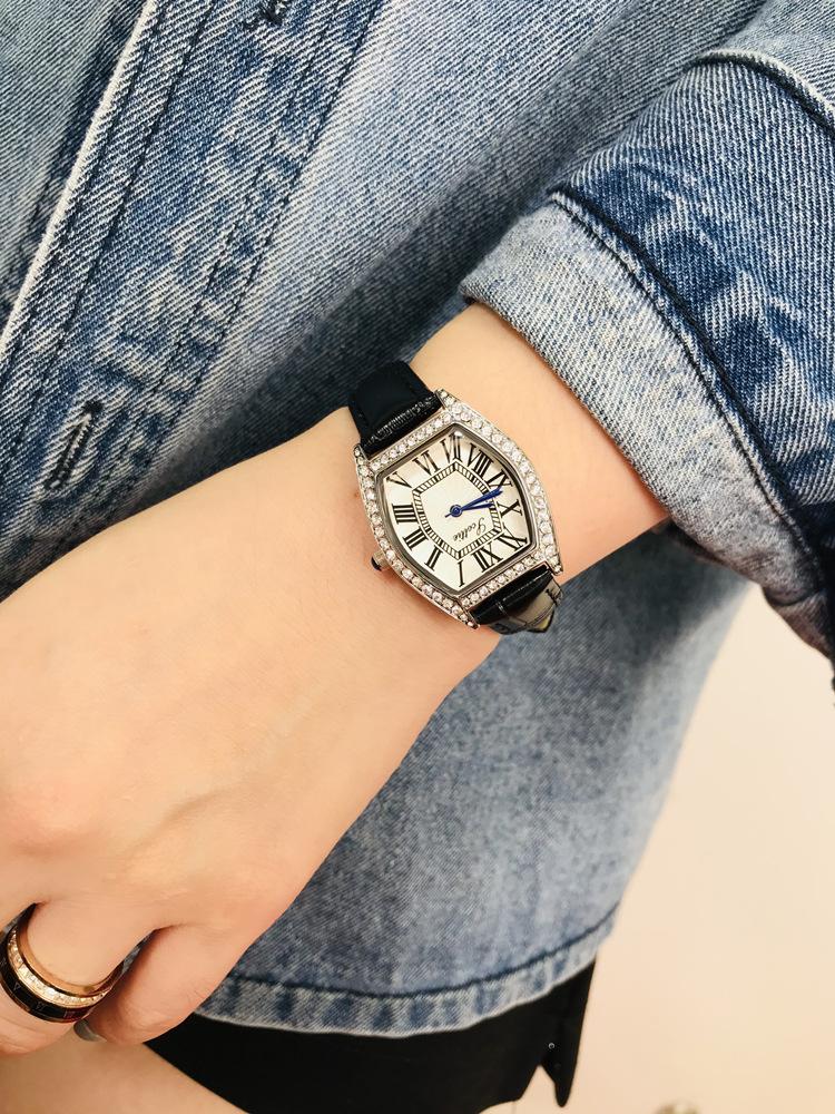 Barrel-Shaped Simple Watch Women'S Fashion Diamond-Encrusted Roman Face Leather Waterproof Women'S Watch