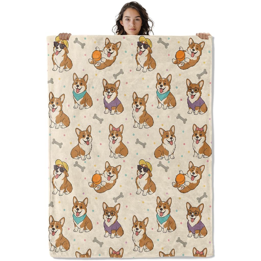 Cute Pet Corgi Dog Throw Blanket Fuzzy Soft Cozy Warm Lightweight Plush Fleece Flannel Blanket for Couch Bed Sofa Home Decor