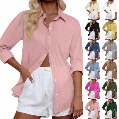 Women's Casual Solid Color Tops Long Sleeve Button Loose Breathable Shirt
