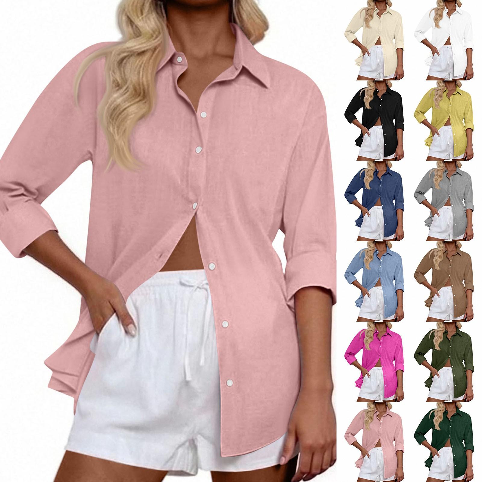 

Women s Casual Solid Color Tops Long Sleeve Button Loose Breathable Shirt L