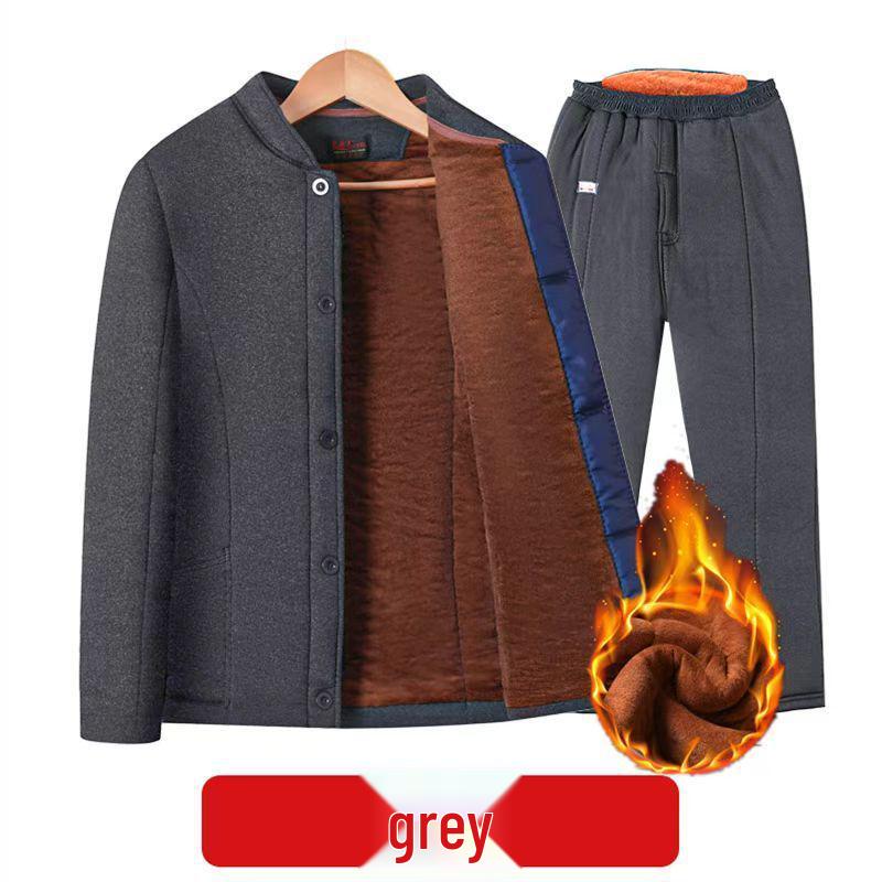 Men's Thickened Winter Cotton Padded Jacket & Pants Set for Seniors - Warm Velvet Lined