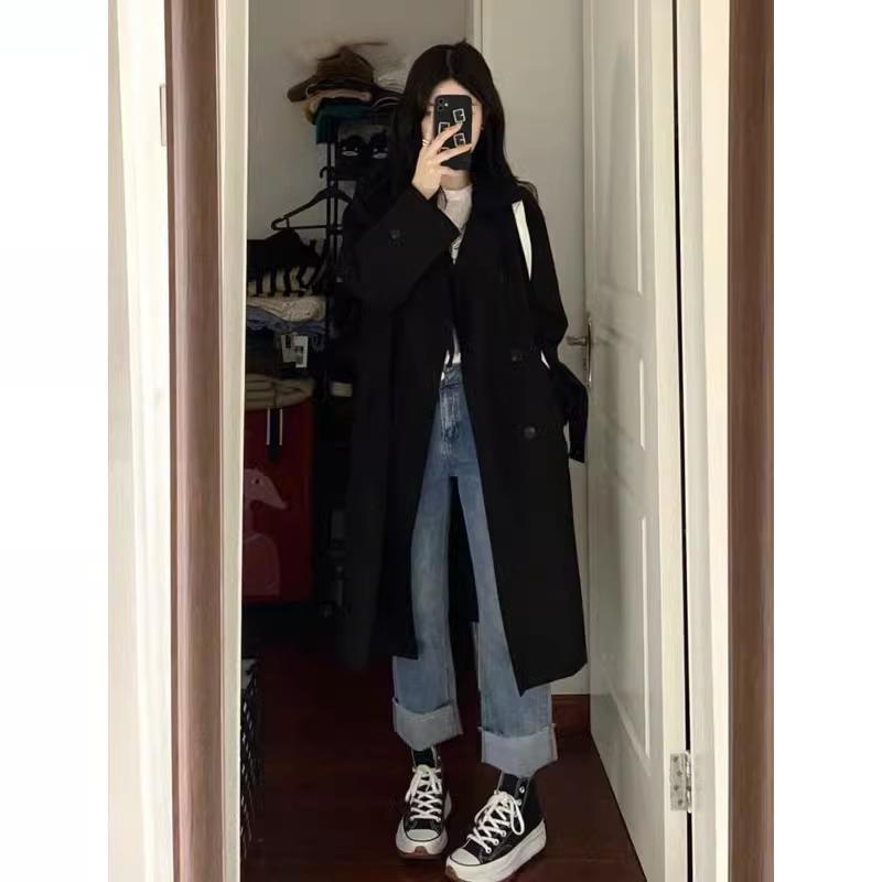 Women's Black Trench Coat: 2024 New Petite Mid-Length British Style for Autumn and Winter
