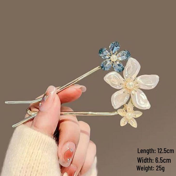 Épingle à cheveux vintage en forme de U avec pompon paon pour femmes - Épingle à chignon nacrée pour Cheongsam et Hanfu