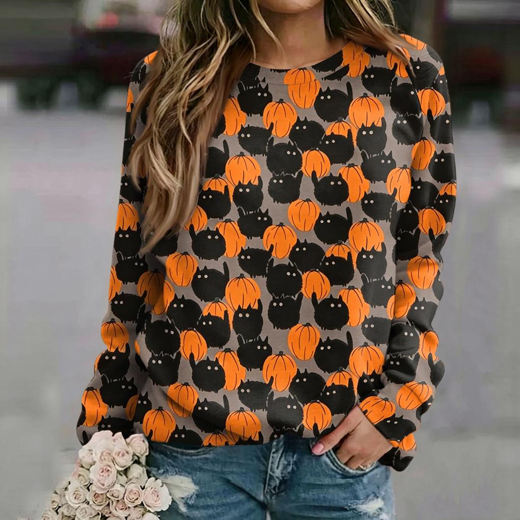 Women's Casual Halloween Print Raglan Long Sleeve Neck Sweatshirt Top