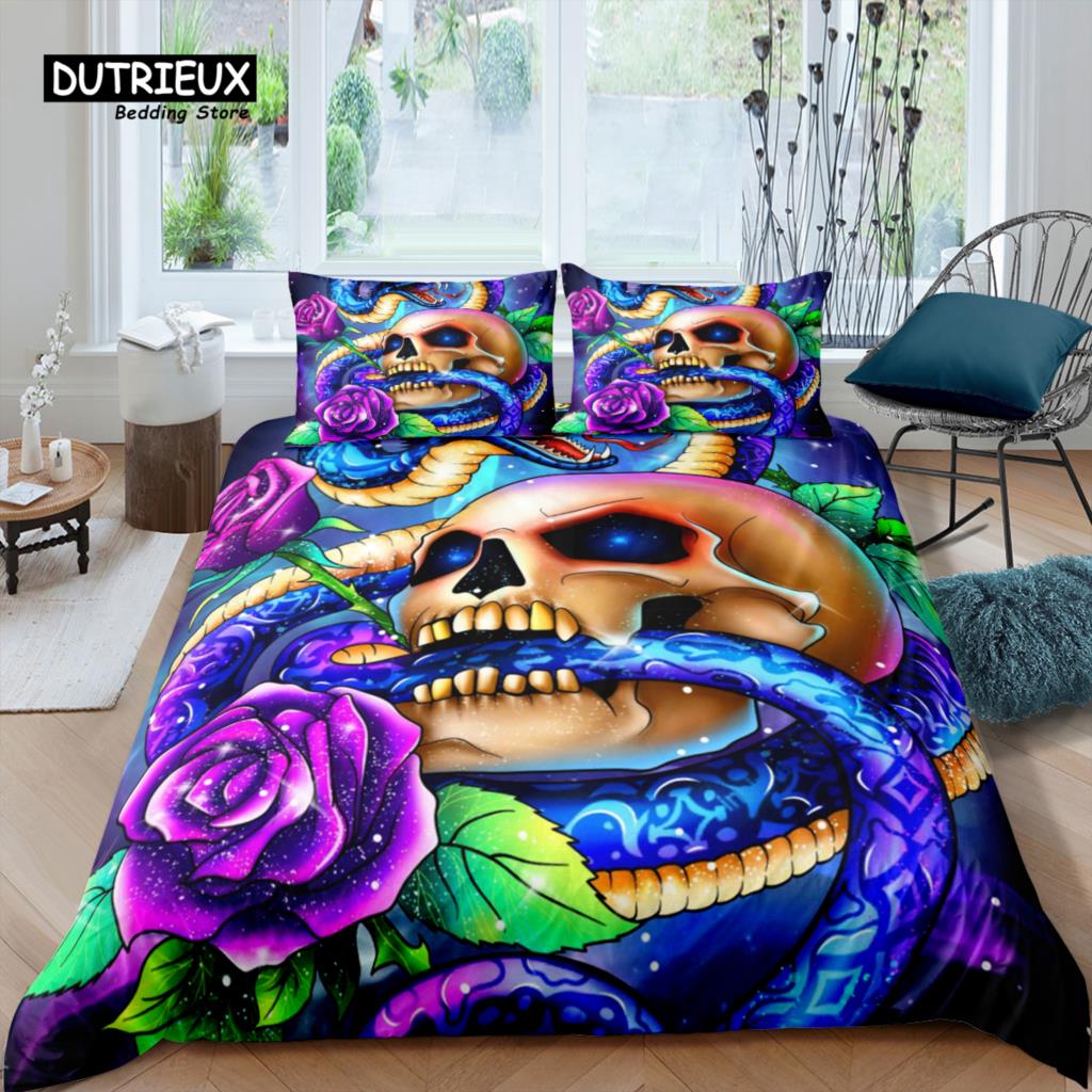 Home Living Luxury 3D Skull Girl Bedding Set Flower Duvet Cover Pillowcase Queen And King Eu/Us/Au/Uk Size Comforter Bedding