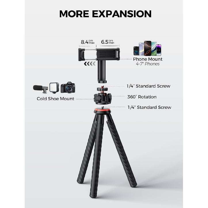 Camera Tripod, Gliship Portable Flexible Tripod for iPhone Double 360°Rotation Adjustable Mini Tripod with Hidden Phone Holder Cold Shoe Mount 1/4''
